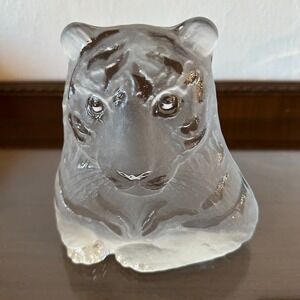 Vintage Viking Frosted Clear Glass Tiger Paperweight Decor Wild Dark Academia